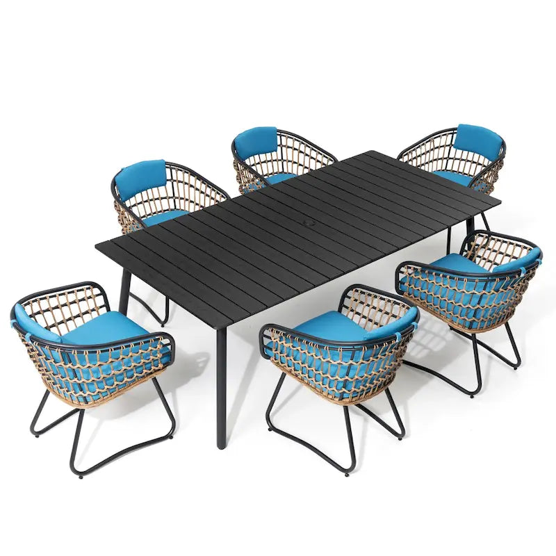 Ensemble de salle à manger d'extérieur 7 pièces - Table rectangulaire en aluminium pour patio avec trou pour parasol et chaises en rotin