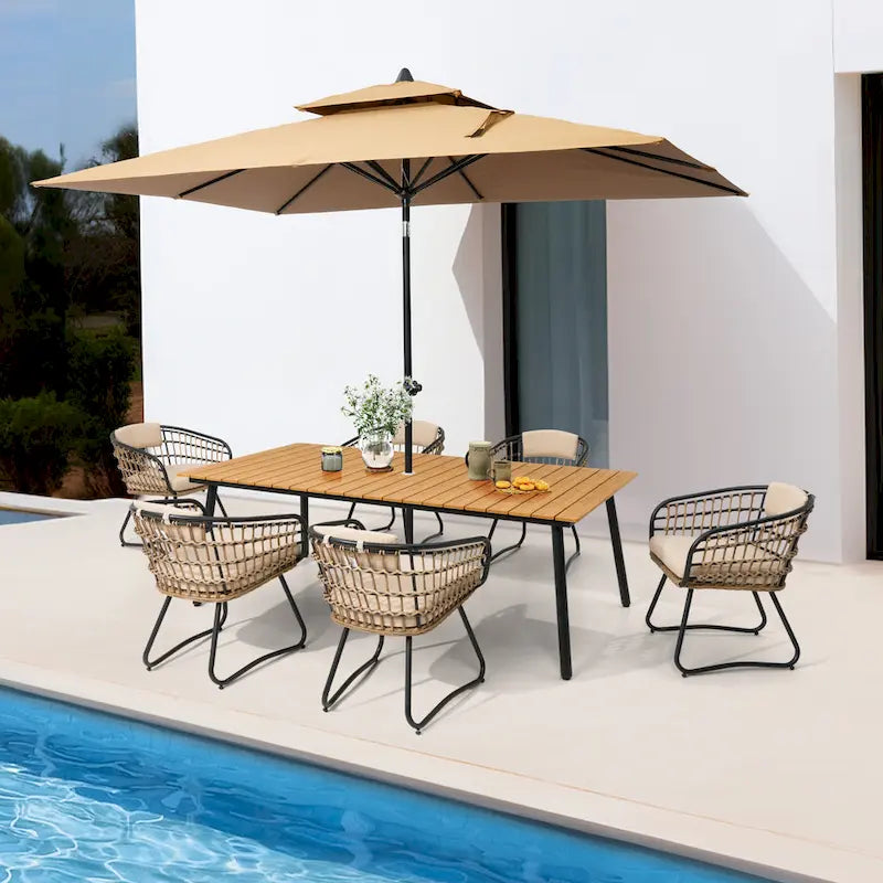 Ensemble de salle à manger d'extérieur 7 pièces - Table rectangulaire en aluminium pour patio avec trou pour parasol et chaises en rotin