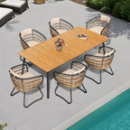 Ensemble de salle à manger d'extérieur 7 pièces - Table rectangulaire en aluminium pour patio avec trou pour parasol et chaises en rotin