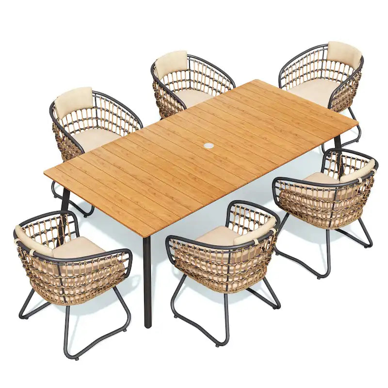 Ensemble de salle à manger d'extérieur 7 pièces - Table rectangulaire en aluminium pour patio avec trou pour parasol et chaises en rotin