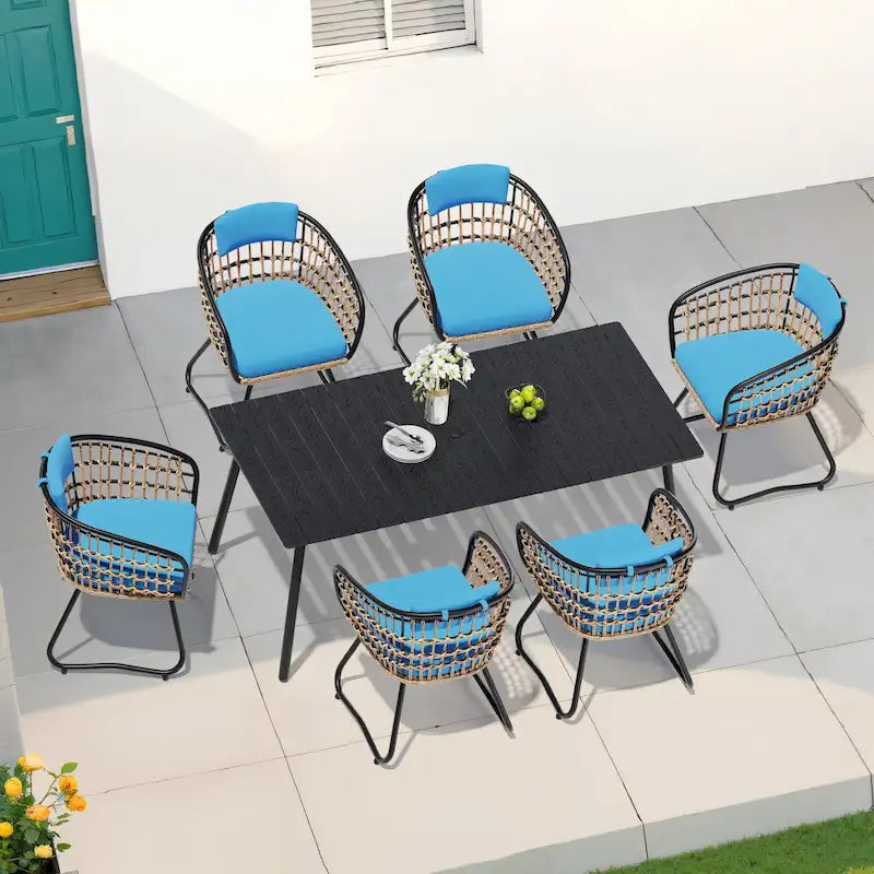 Ensemble de salle à manger d'extérieur 7 pièces : table en aluminium et chaises en rotin PE.