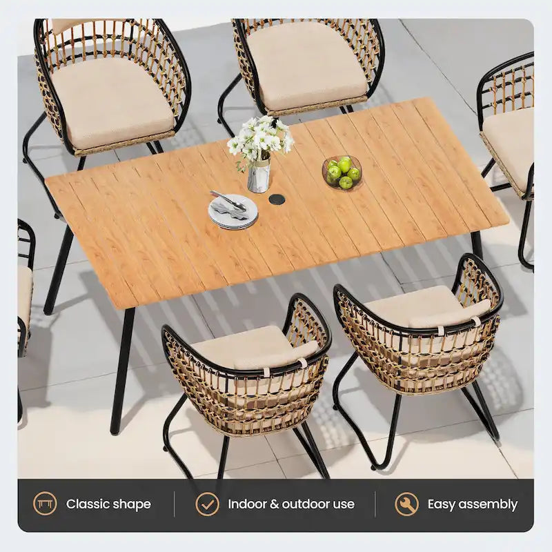 Ensemble de salle à manger d'extérieur 7 pièces : table en aluminium et chaises en rotin PE.
