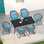 Ensemble de salle à manger d'extérieur 7 pièces : table en aluminium et chaises en rotin PE.