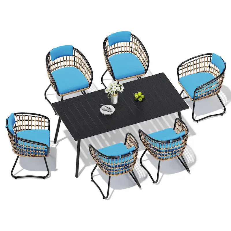 Ensemble de salle à manger d'extérieur 7 pièces : table en aluminium et chaises en rotin PE.