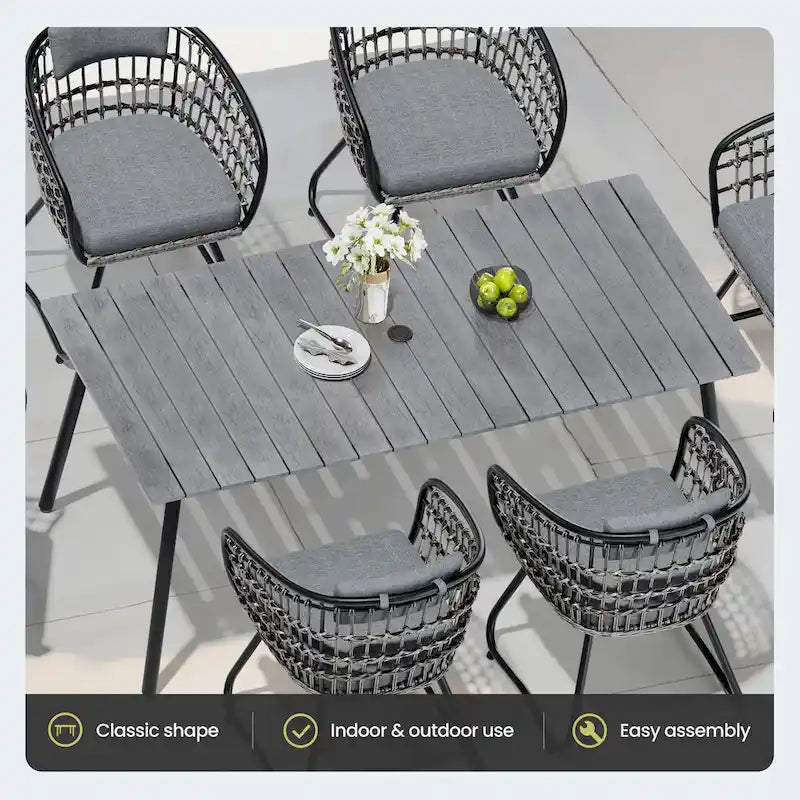 Ensemble de salle à manger d'extérieur 7 pièces : table en aluminium et chaises en rotin PE.