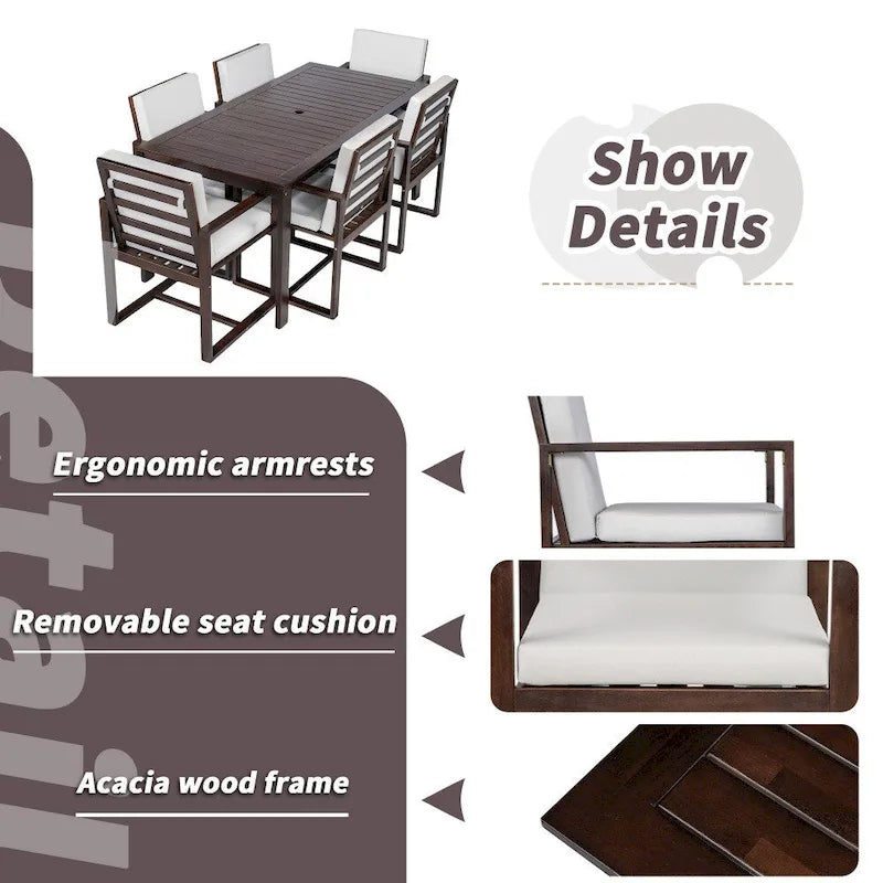 Ensemble de salle à manger de patio 7 pièces avec coussins amovibles et 6 chaises