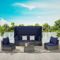 Ensemble de mobilier de jardin en résine tressée 5 pièces avec auvent rétractable, table d'appoint pliable et coussins moelleux