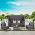 Ensemble de mobilier de jardin en résine tressée 5 pièces avec auvent rétractable, table d'appoint pliable et coussins moelleux