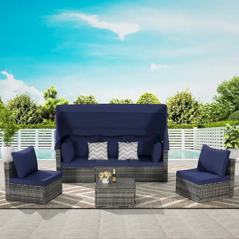 Ensemble de mobilier de jardin en résine tressée 5 pièces avec auvent rétractable, table d'appoint pliable et coussins moelleux