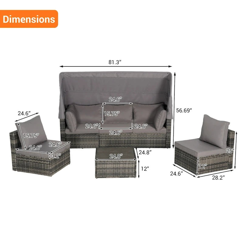 Ensemble de mobilier de jardin en résine tressée 5 pièces avec auvent rétractable, table d'appoint pliable et coussins moelleux