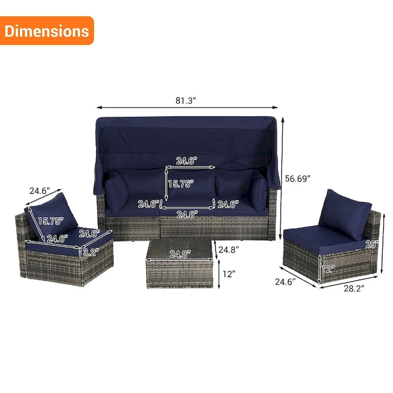 Ensemble de mobilier de jardin en résine tressée 5 pièces avec auvent rétractable, table d'appoint pliable et coussins moelleux
