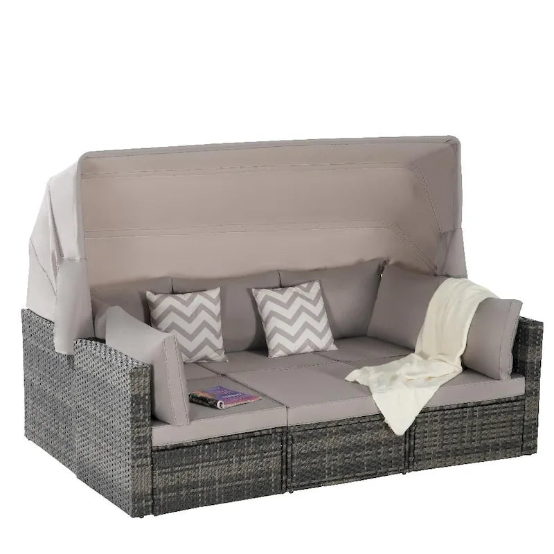Ensemble de mobilier de jardin en résine tressée 5 pièces avec auvent rétractable, table d'appoint pliable et coussins moelleux