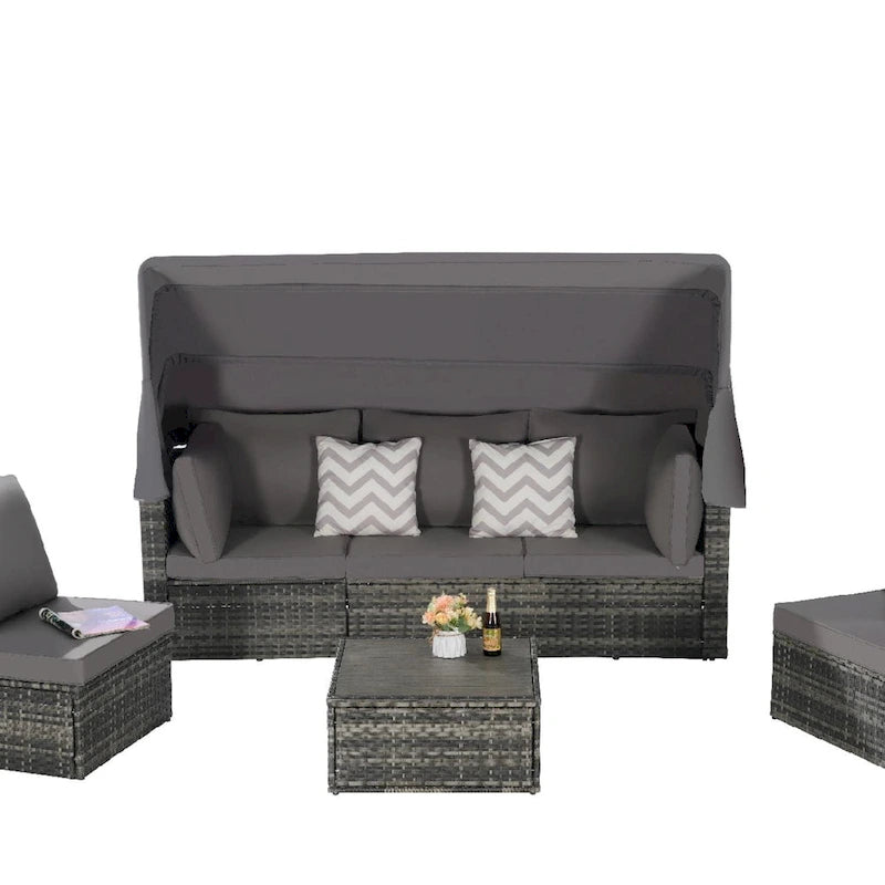 Ensemble de mobilier de jardin en résine tressée 5 pièces avec auvent rétractable, table d'appoint pliable et coussins moelleux