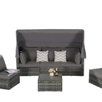 Ensemble de mobilier de jardin en résine tressée 5 pièces avec auvent rétractable, table d'appoint pliable et coussins moelleux