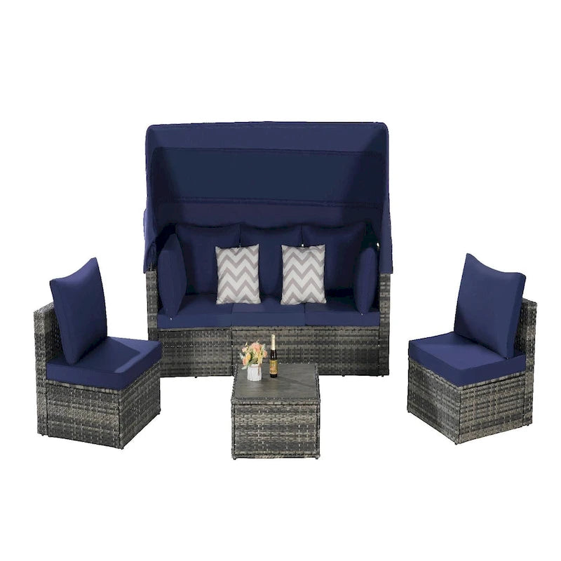 Ensemble de mobilier de jardin en résine tressée 5 pièces avec auvent rétractable, table d'appoint pliable et coussins moelleux
