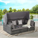 Ensemble de mobilier de jardin en résine tressée 5 pièces avec auvent rétractable, table d'appoint pliable et coussins moelleux
