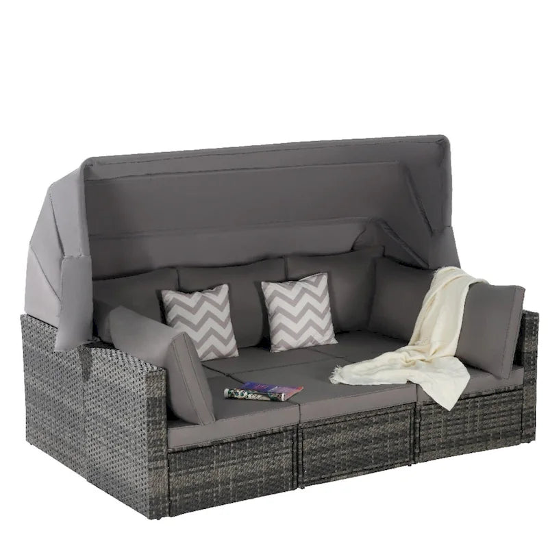 Ensemble de mobilier de jardin en résine tressée 5 pièces avec auvent rétractable, table d'appoint pliable et coussins moelleux