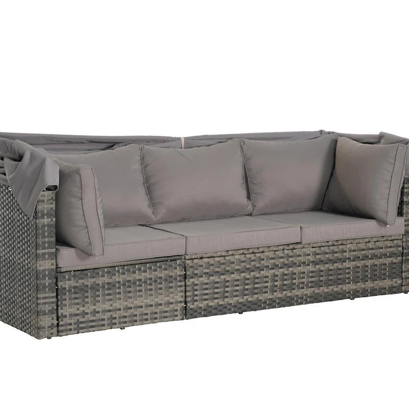 Ensemble de mobilier de jardin en résine tressée 5 pièces avec auvent rétractable, table d'appoint pliable et coussins moelleux