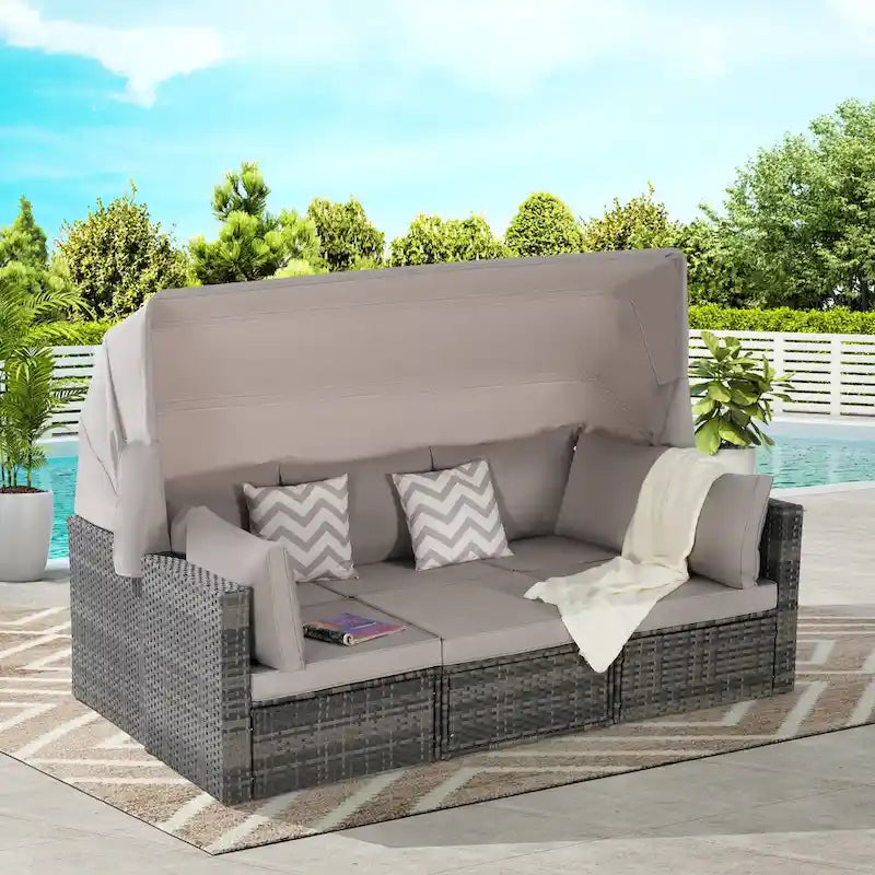 Ensemble de mobilier de jardin en résine tressée 5 pièces avec auvent rétractable, table d'appoint pliable et coussins moelleux