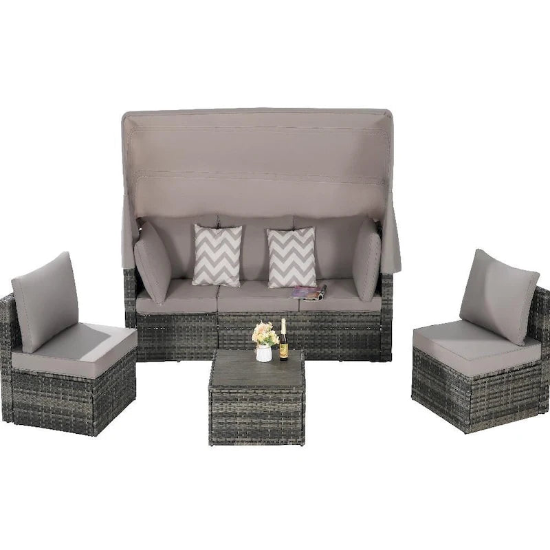 Ensemble de mobilier de jardin en résine tressée 5 pièces avec auvent rétractable, table d'appoint pliable et coussins moelleux