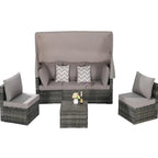 Ensemble de mobilier de jardin en résine tressée 5 pièces avec auvent rétractable, table d'appoint pliable et coussins moelleux