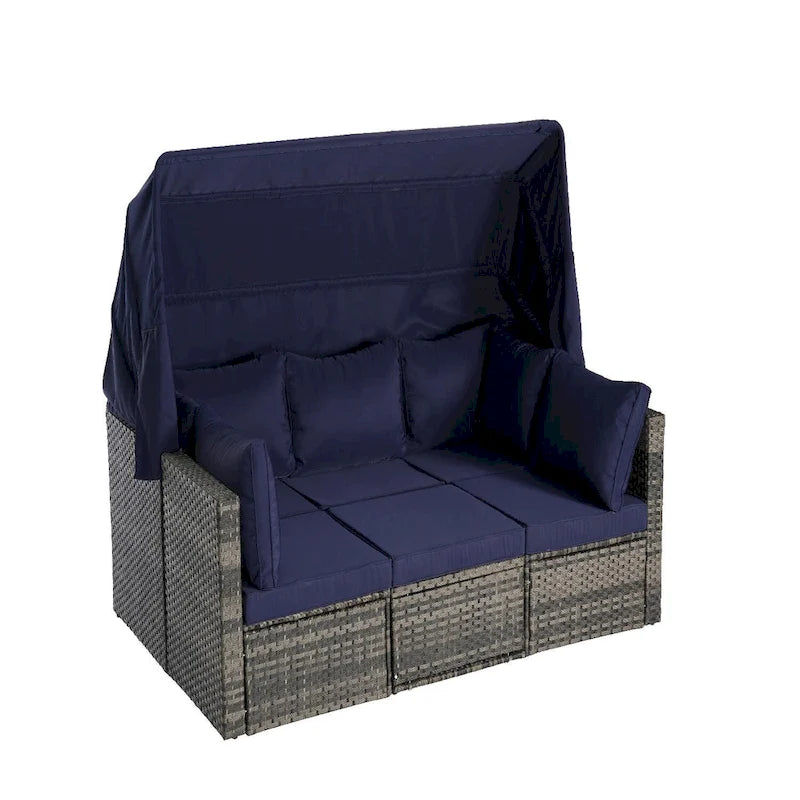 Ensemble de mobilier de jardin en résine tressée 5 pièces avec auvent rétractable, table d'appoint pliable et coussins moelleux