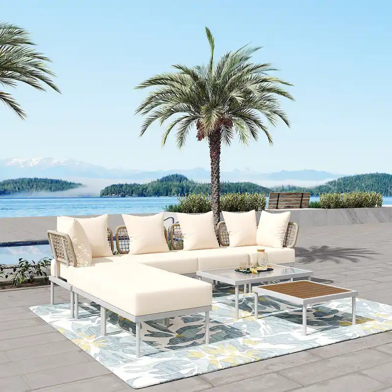 Ensemble de canapé d'angle 8 pièces pour patio avec table basse en verre trempé et table basse en bois