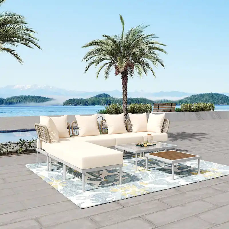 Ensemble de canapé d'angle 8 pièces pour patio avec table basse en verre trempé et table basse en bois