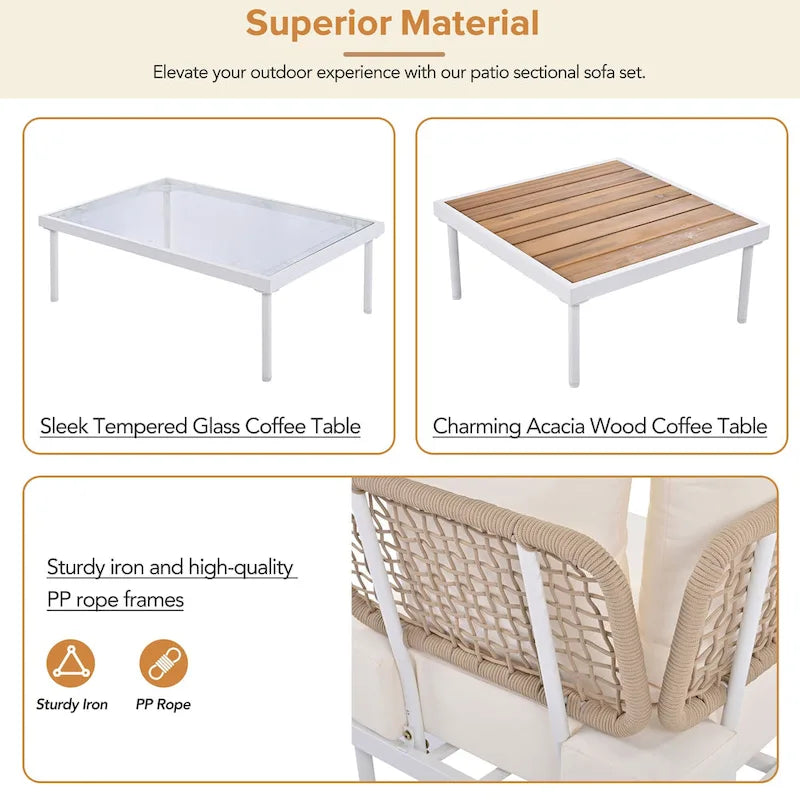 Ensemble de canapé d'angle 8 pièces pour patio avec table basse en verre trempé et table basse en bois
