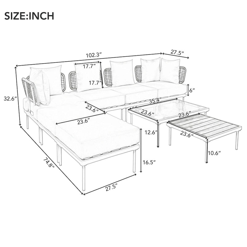 Ensemble de canapé d'angle 8 pièces pour patio avec table basse en verre trempé et table basse en bois