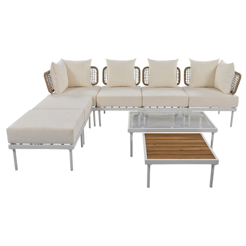 Ensemble de canapé d'angle 8 pièces pour patio avec table basse en verre trempé et table basse en bois