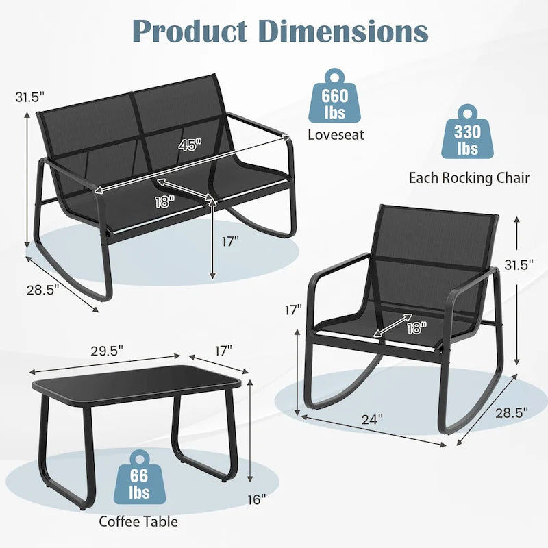 Ensemble de mobilier de patio Gymax 4 pièces avec fauteuil à bascule et 2 places
