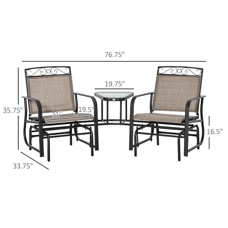 Fauteuils berçants d'extérieur avec table basse, balancelle à bascule 2 places pour patio avec toile respirante pour jardin, terrasse, porche