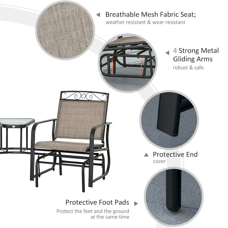 Fauteuils berçants d'extérieur avec table basse, balancelle à bascule 2 places pour patio avec toile respirante pour jardin, terrasse, porche