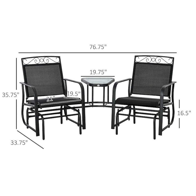 Fauteuils berçants d'extérieur avec table basse, balancelle à bascule 2 places pour patio avec toile respirante pour jardin, terrasse, porche