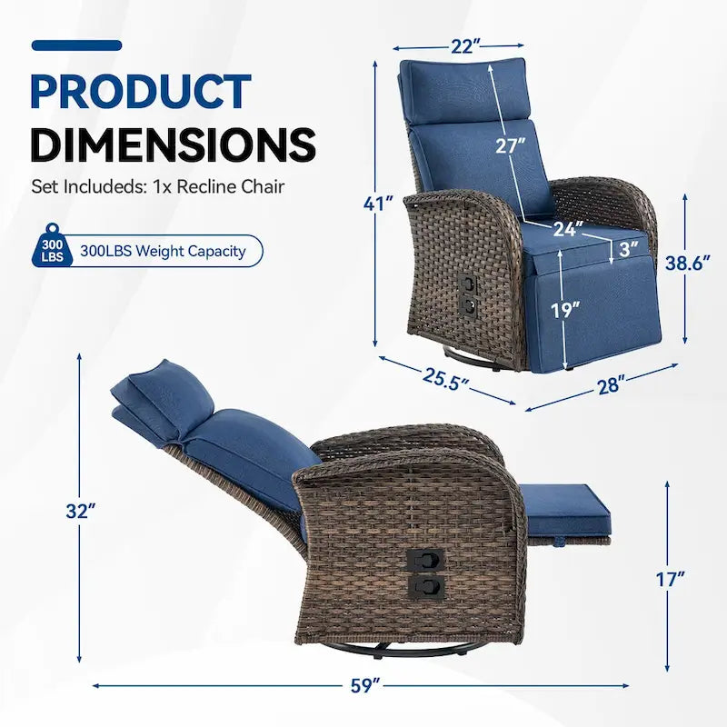 Chaise longue d'extérieur Pocassy en osier marron résistant aux intempéries avec coussin bleu