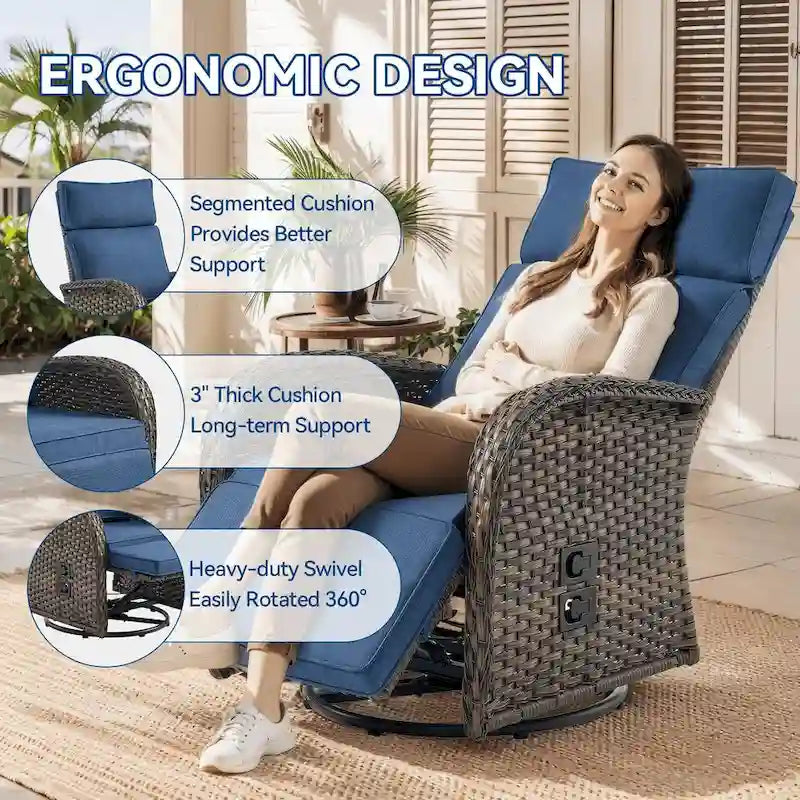 Chaise longue d'extérieur Pocassy en osier marron résistant aux intempéries avec coussin bleu