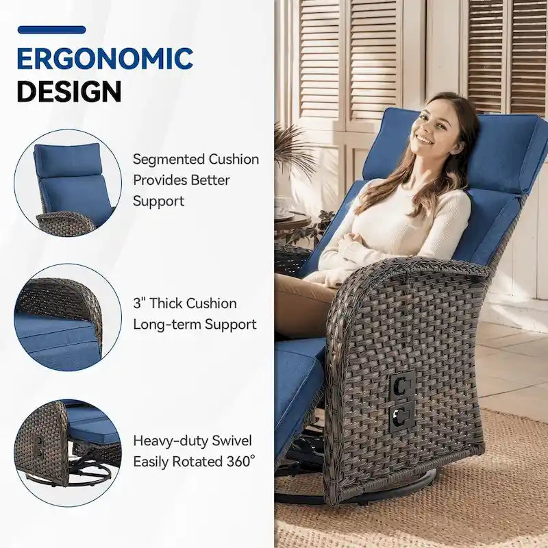 Chaise longue d'extérieur Pocassy en osier marron résistant aux intempéries avec coussin bleu
