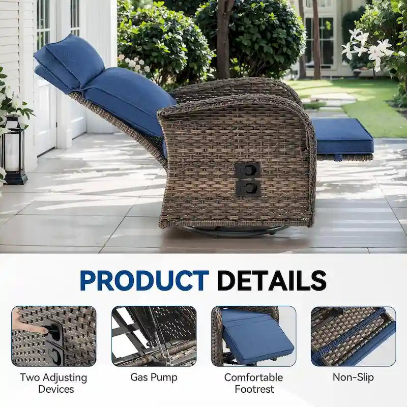 Chaise longue d'extérieur Pocassy en osier marron résistant aux intempéries avec coussin bleu