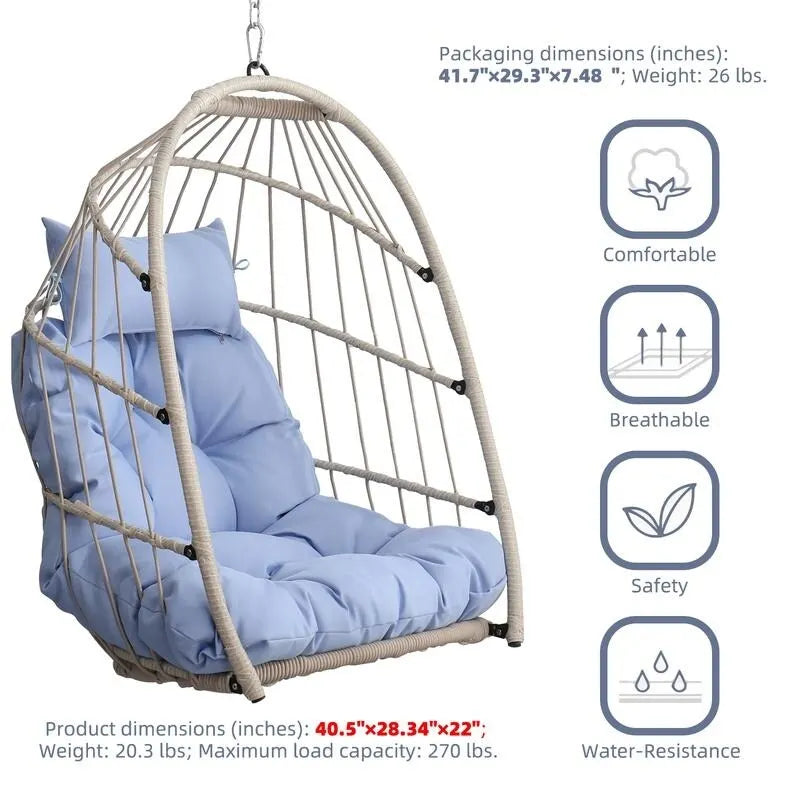 Fauteuil suspendu en rotin tressé PE en forme d'œuf, idéal pour le jardin, la terrasse et la détente en extérieur - 72 cm (L) x 103 cm (P) x 56 cm (H)