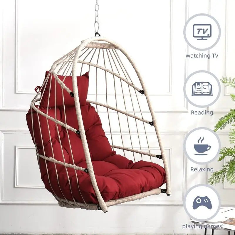 Fauteuil suspendu en rotin tressé PE en forme d'œuf, idéal pour le jardin, la terrasse et la détente en extérieur - 72 cm (L) x 103 cm (P) x 56 cm (H)