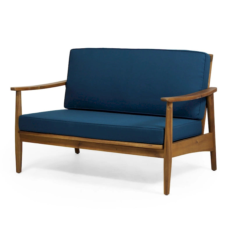 Ensemble table et canapé d'extérieur 2 pièces, coussins bleu sarcelle, structure en bois marron
