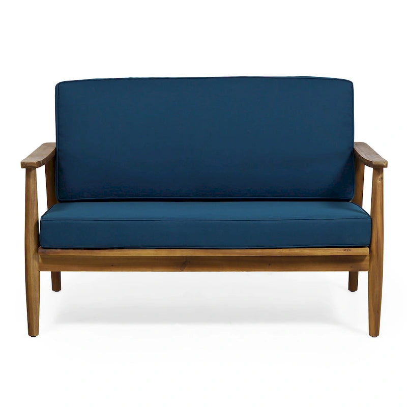 Ensemble table et canapé d'extérieur 2 pièces, coussins bleu sarcelle, structure en bois marron