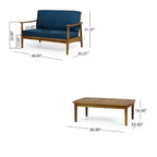 Ensemble table et canapé d'extérieur 2 pièces, coussins bleu sarcelle, structure en bois marron