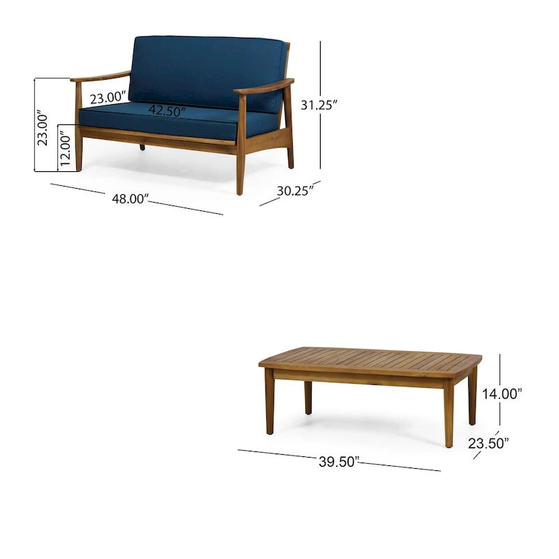 Ensemble table et canapé d'extérieur 2 pièces, coussins bleu sarcelle, structure en bois marron