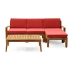 Canapé d'angle d'extérieur en L avec table basse et pouf, en bois d'acacia rouge.