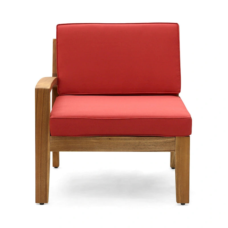 Canapé d'angle d'extérieur en L avec table basse et pouf, en bois d'acacia rouge.