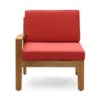 Canapé d'angle d'extérieur en L avec table basse et pouf, en bois d'acacia rouge.