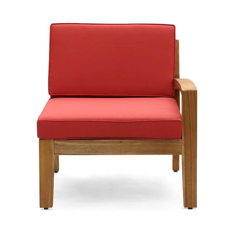 Canapé d'angle d'extérieur en L avec table basse et pouf, en bois d'acacia rouge.