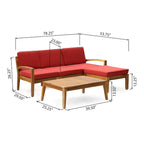 Canapé d'angle d'extérieur en L avec table basse et pouf, en bois d'acacia rouge.